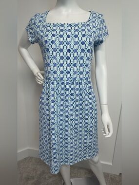 J. McLaughlin Shift Dress M Blue Green Geometric Print Square Neck Pockets